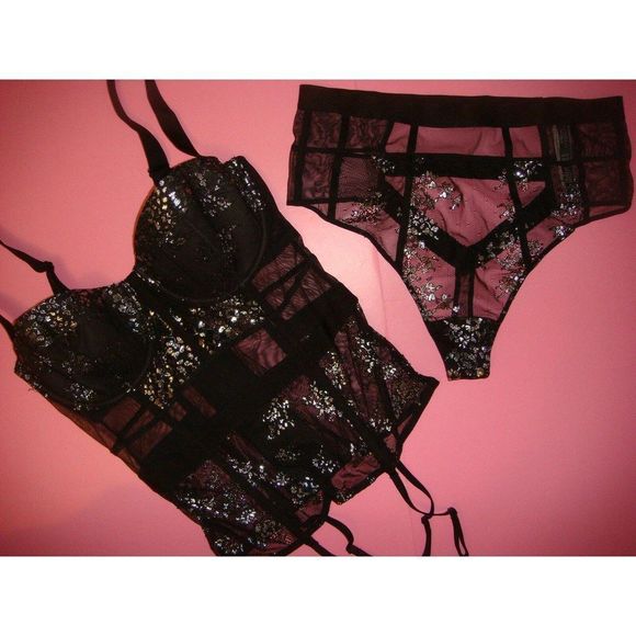 Victoria's Secret 32C,34C BRA SET+garter TEDDY+CORSET+S,M BLACK silver foil mesh - Picture 7 of 9